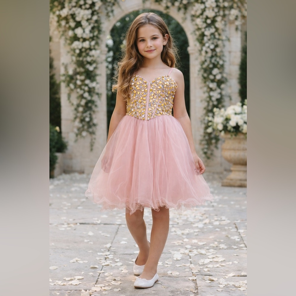 Dave & Johnny Girls Pink Tulle Dress Gold Beaded Bodice Size 5/6